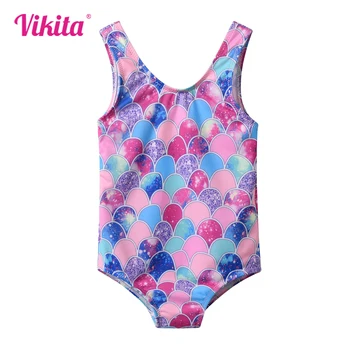 VIKITA Bambini Sirena Stampa Costume da bagno colorato One Piece Ragazze Backless Costumi da bagno Bambini Costumi da bagno Bambini Viaggi Beachwear 4-10Y 1