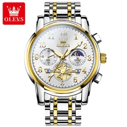 OLEVS Moon Phase Stainless Steel Luminous Skeleton Chronograph Quartz Wristwatch (Gold White)