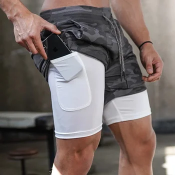 Men's 2-in-1 Compression Running and Gym Shorts with Towel Loop and Mobile Pocket