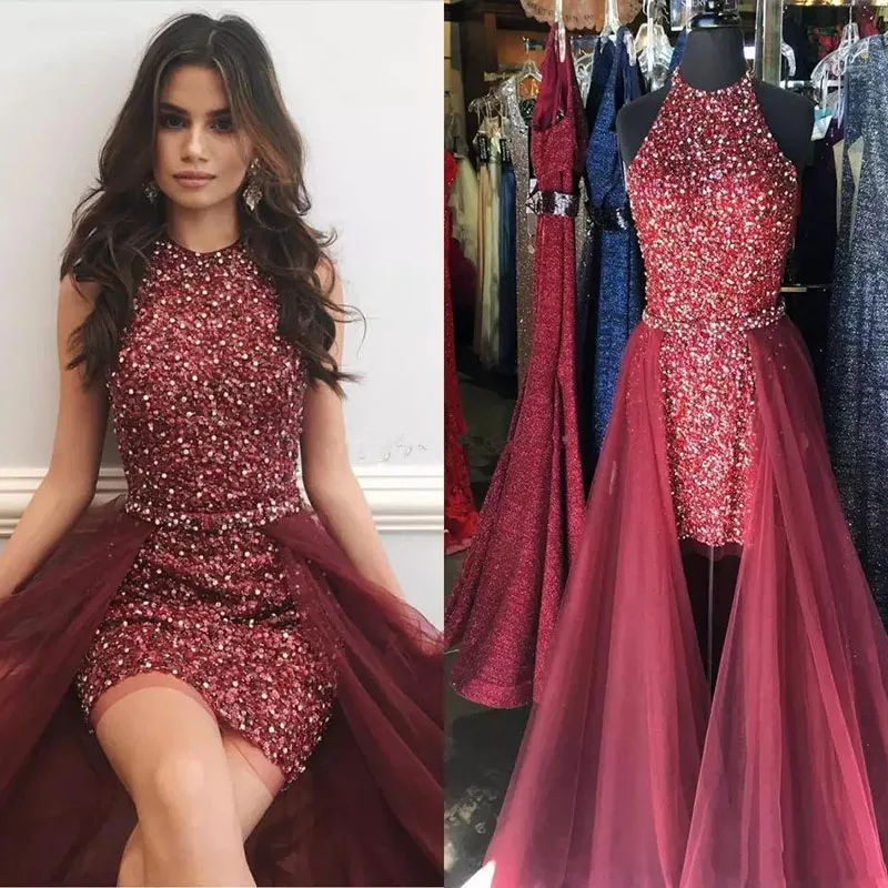 

Sparkly Sequined Mini Burgundy Prom Dresses Jewel Neck Beaded Crystal With Tulle Detachable Train Sheath Party Evening Gown 2024