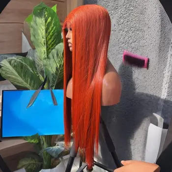 Ginger Orange  Honey Blonde Color Straight Synthetic 13X4 HD Lace Frontal Wig For Women Prepucked With Baby Hair Glueless Wigs