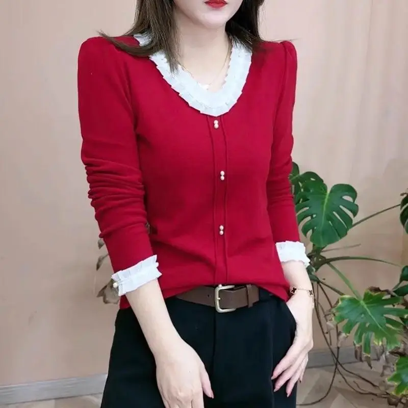 Women's Korean Fashion Ruffle Patchwork Beaded Thick Warm Basic T