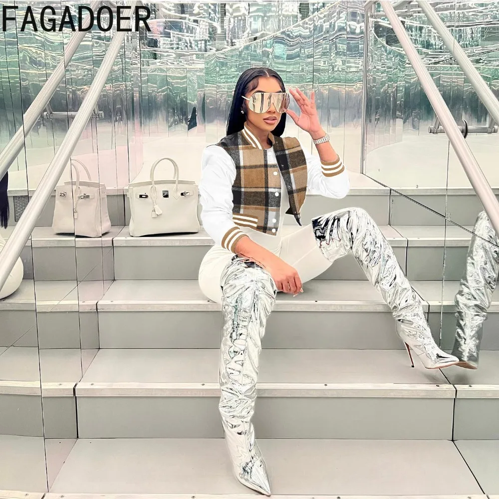 FAGADOER Fashion Retro Plaid Printing Baseball Jacket Women Button Long Sleeve Crop Top Casual Patchwork Matching Streetwear Top