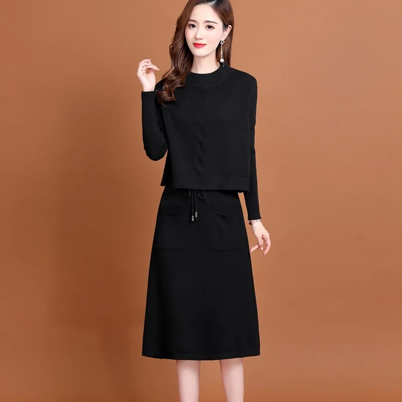 Office Lady Elegant Knitted Two Peice Suit 2023 Korean Fashion Women Short Sleeve Pullover Vest +Lace Up Waist Sweater Dress Set