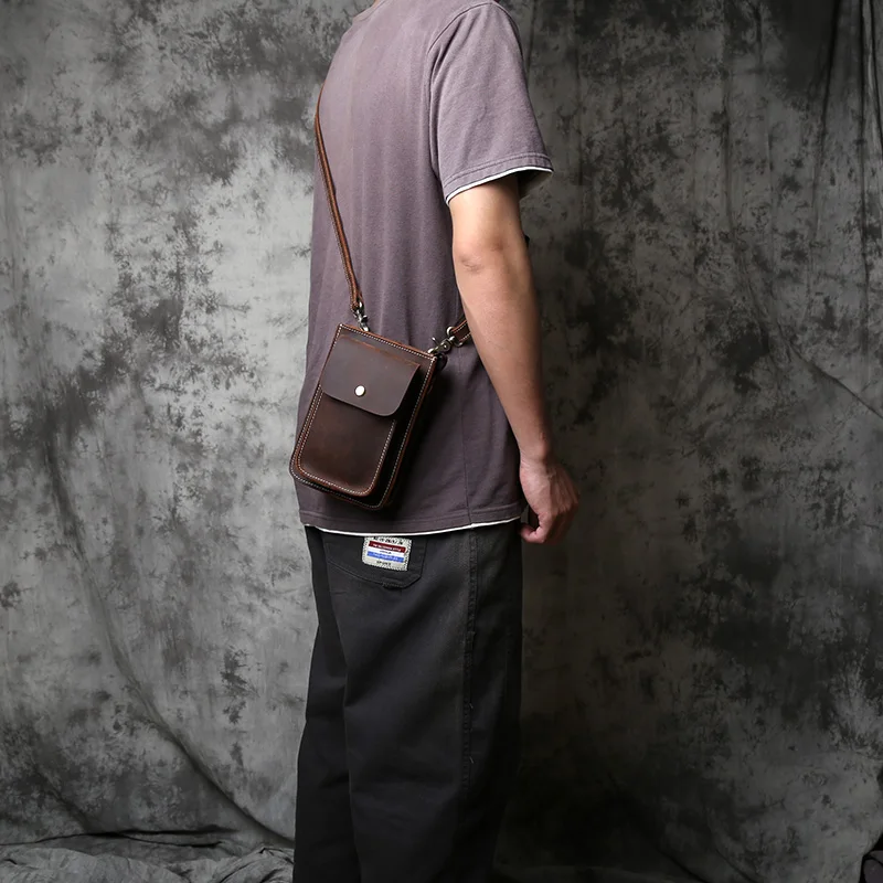 NZPJ Genuine Leather Men's Waist Bag Retro Top Layer Cowhide Single Shoulder Bag Crazy Horse Leather Mobile Phone Bag Satchel