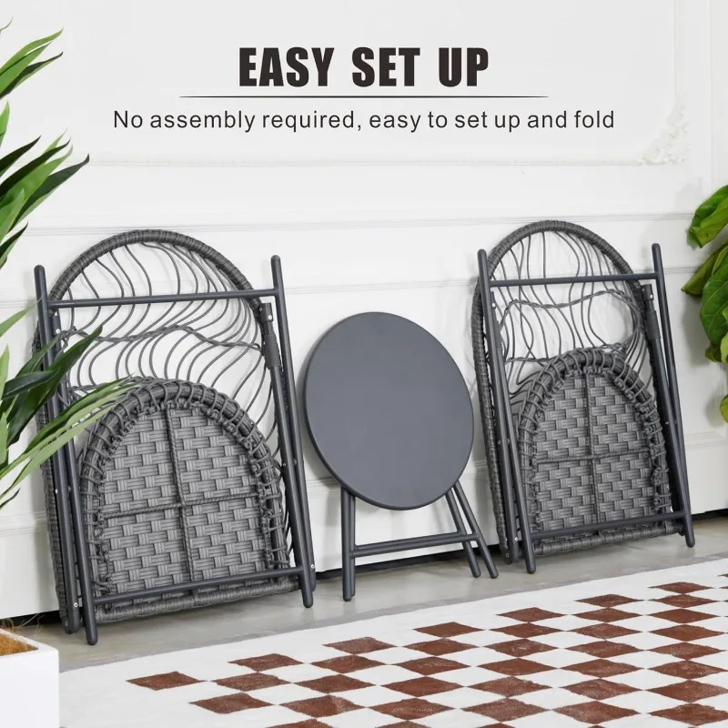 Foldable 3-Piece Patio Bistro Set with Folding Rattan Chairs and Round Table - Small Outdoor Furniture for Balcony, Garden 3
