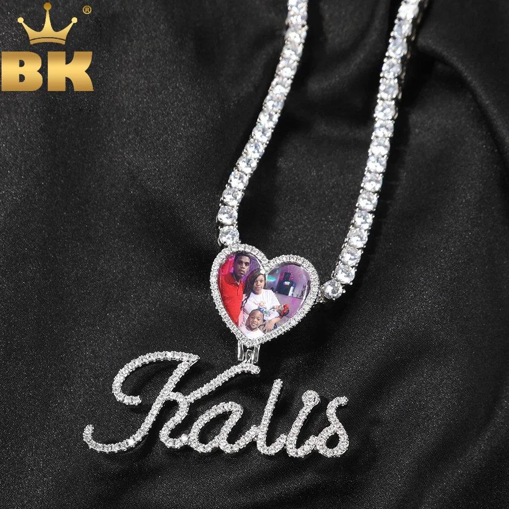 

TBTK Custom Cursive Letters Heart Photo Bail Memory Pendant DIY Picture Chain Necklace Hiphop Jewelry For Family Gift