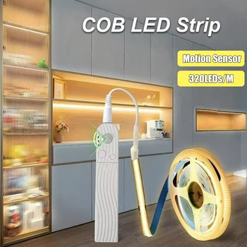 5V COB Led Strips with Motion Sensor Battery Powered 320LEDs/M Adhesive LED Tape Ribbon Flexible for Room Cabinet Decor