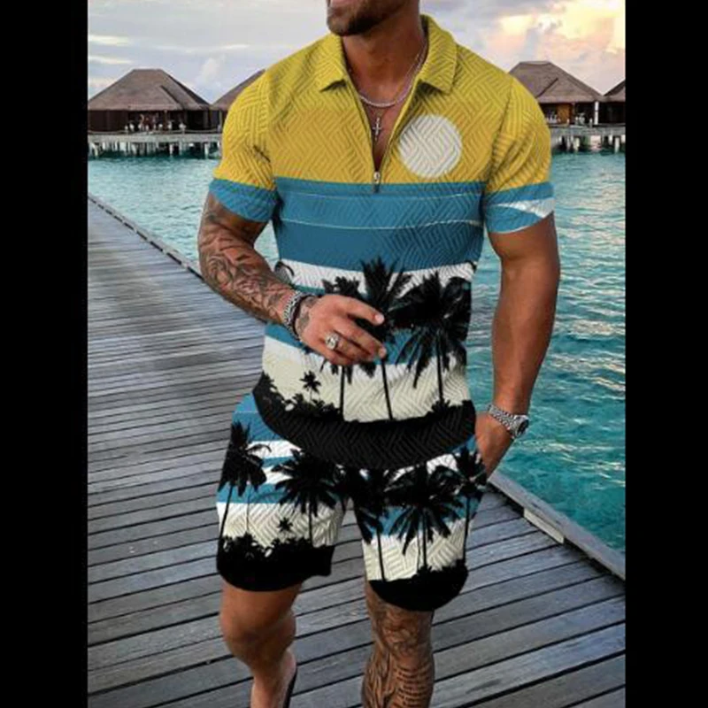 2022 New Summer Men Sport Suit 2 Piece Sets Short Sleeve Polo Shirt Men Short Pant Male Coconut Tree Casual Oversized Clothes