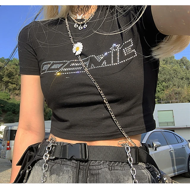 2022 Nova Cyber Y2k Techwear Punk Feminino Cabresto Topos Gótico Egirl  Retalhos Manga Longa Colheita Topo Sexy Cortar Camisetas Casuais -  AliExpress