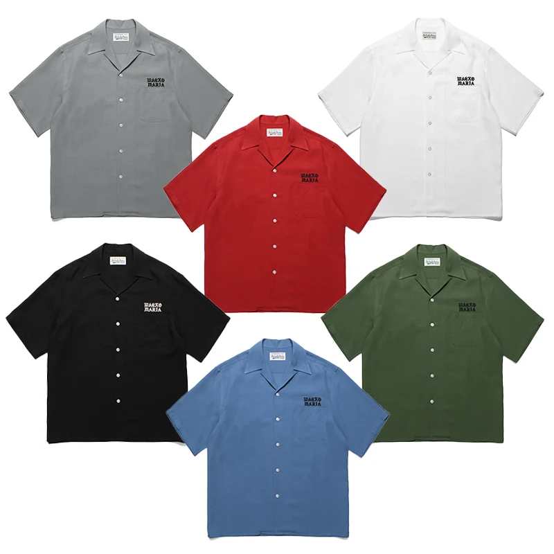 남녀공용 다색 레트로 하와이 반팔 셔츠, 단색 라펠 자수 로고, WACKO MARIA 셔츠, 여름 