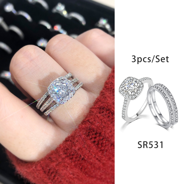 Luxury Diamond Promise Ring Set for Women Bridal Silver Color Big Zircon Proposal Marriage Wedding Cocktail Ring Jewelry