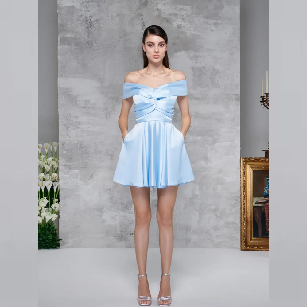 Evening  Sexy Casual  Satin Ruched Wedding Party A-line Off-the-shoulder Bespoke Occasion Gown Mini Dresses