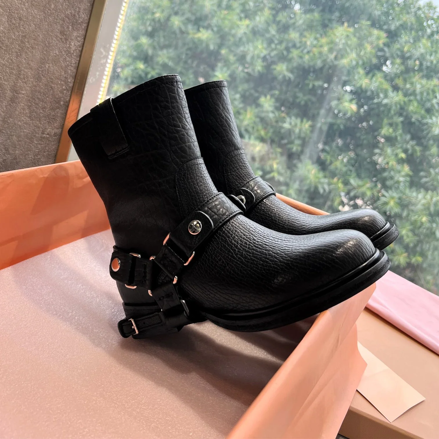 

Shoes For Women Genuine Leather Boots Low Heels Ankle Boots Belt Buckle Designer Shoes Round Toe British Style Zapatillas Mujer