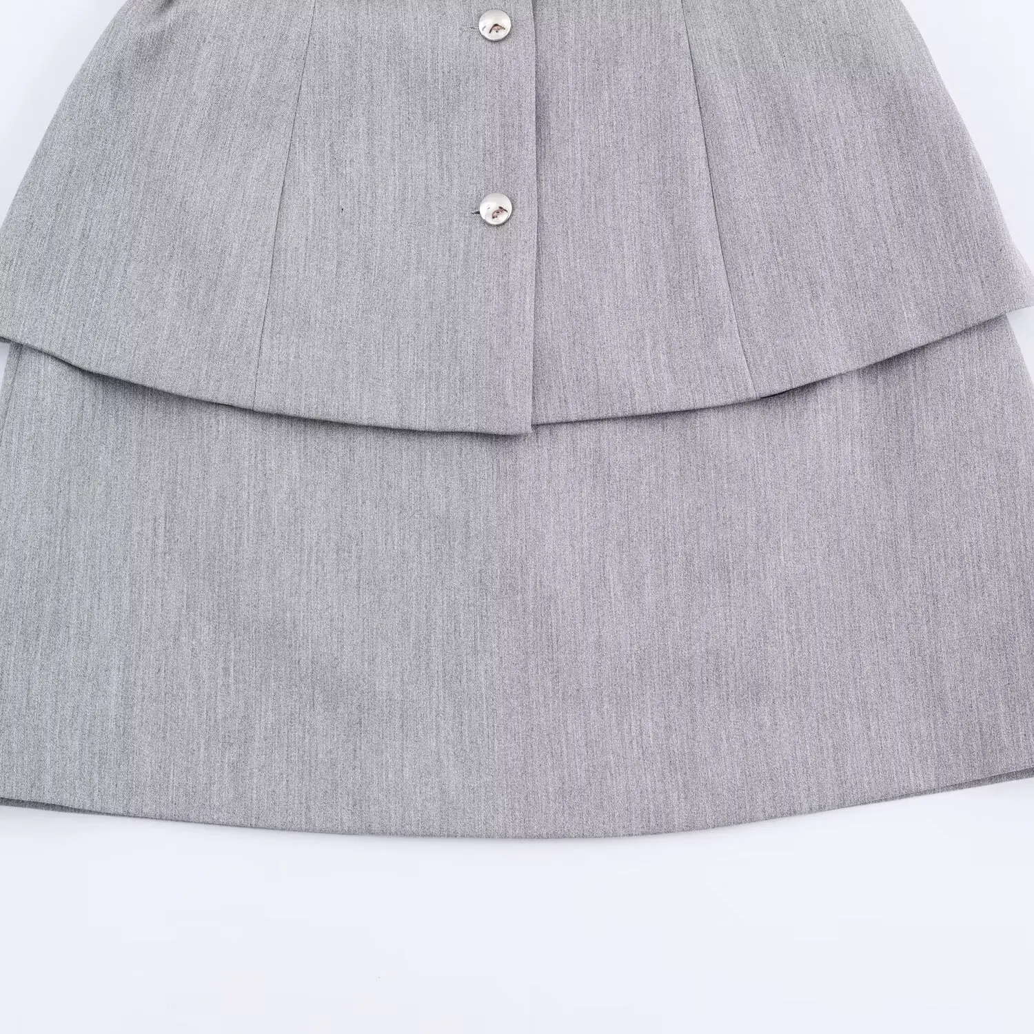 Women Elegant High-End Gray Mini Dress Female O-Neck Single Breasted With Belt Fake Two Piece Short Skirt Commuting Vest Skirt