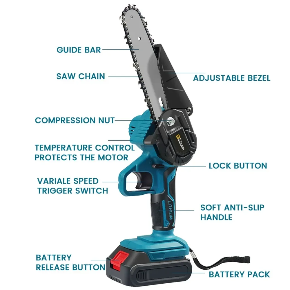 Gisam 6 Inch Chain Saw Cordless Electric Saw Handheld Garden Logging Chainsaw Wood Cutting Power Tools for Makita 18V Battery 5