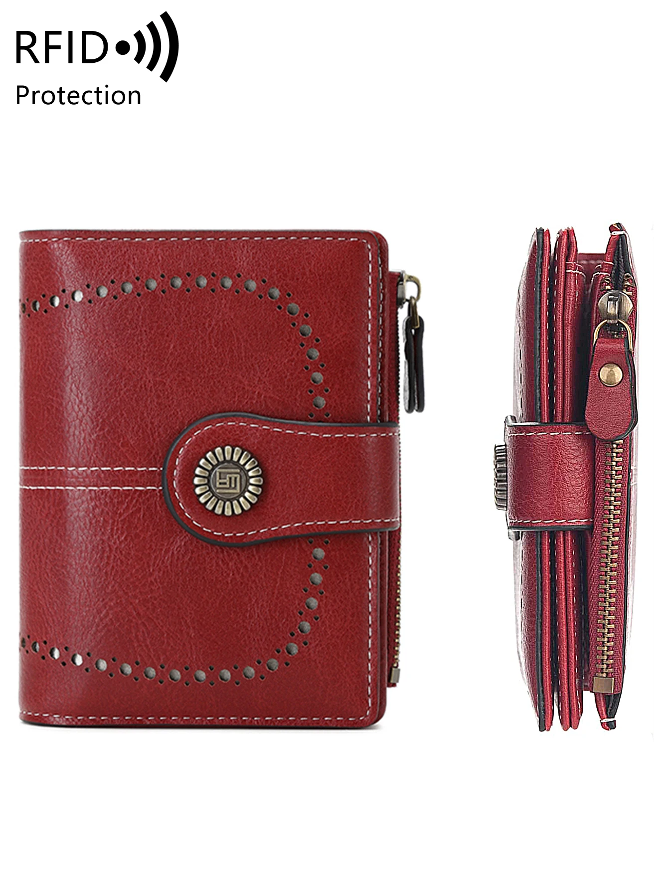 Retro RFID Shielding Women's Short Wallet Three-fold Solid Color, Large Capacity Daily Fashion Versatile Clutch Bag