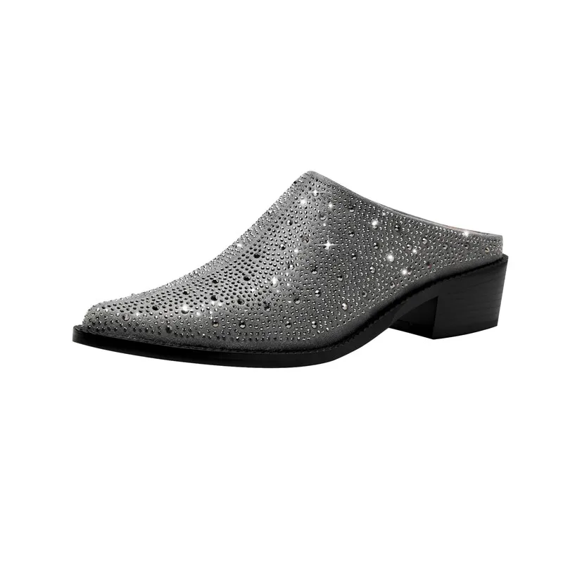 

New Fashion Women's Pointed Toe Pumps Shoes Slip on Rhinestone Thick Heel Mules Outdoor Slippers Causal Shoes For Woman Size 43