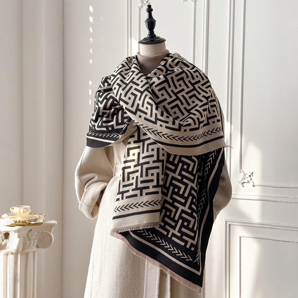 2025 Luxury Brand Women's Cashmere Scarf - Winter Warm Tasseled Allover Geometric Print Pashmina Shawl, Foulard & Poncho