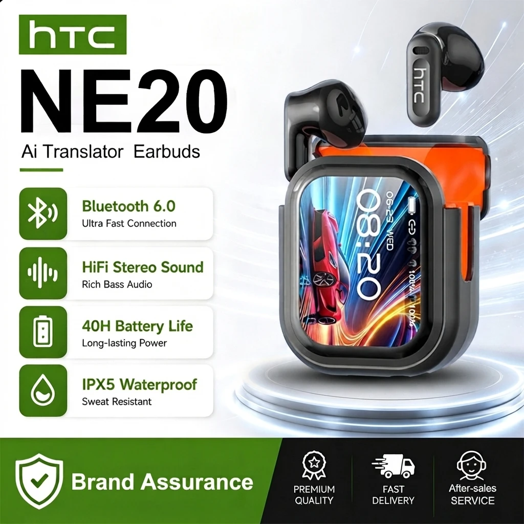 سماعة أذن لاسلكية أصلية من HTC NE20 بتقنية البلوتوث مع ترجمة بالذكاء الاصطناعي وشاشة لمس متعددة الوظائف وخاصية تقليل الضوضاء