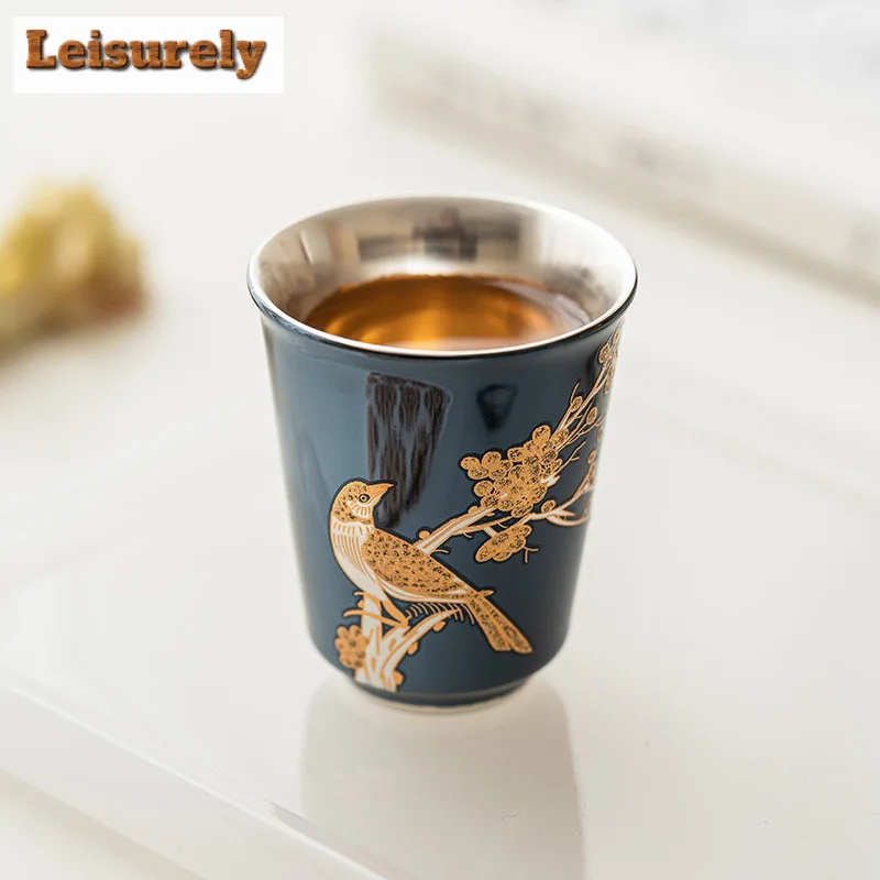 50ml High End 999 Gilded Silver Teacup Wedding Eyebrow Straight Tube Cup Single Master's Mug Small Drinking Kung Fu Tea Set Gift