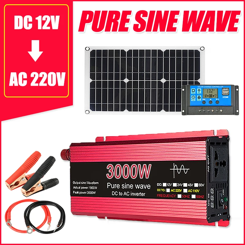 Sistema Solare Generatore Kit Completo 20W Pannello Solare 30A Controller 1000W 1600W 2200W 3000W 12V 220V Inverter A Onda Sinusoidale Pura