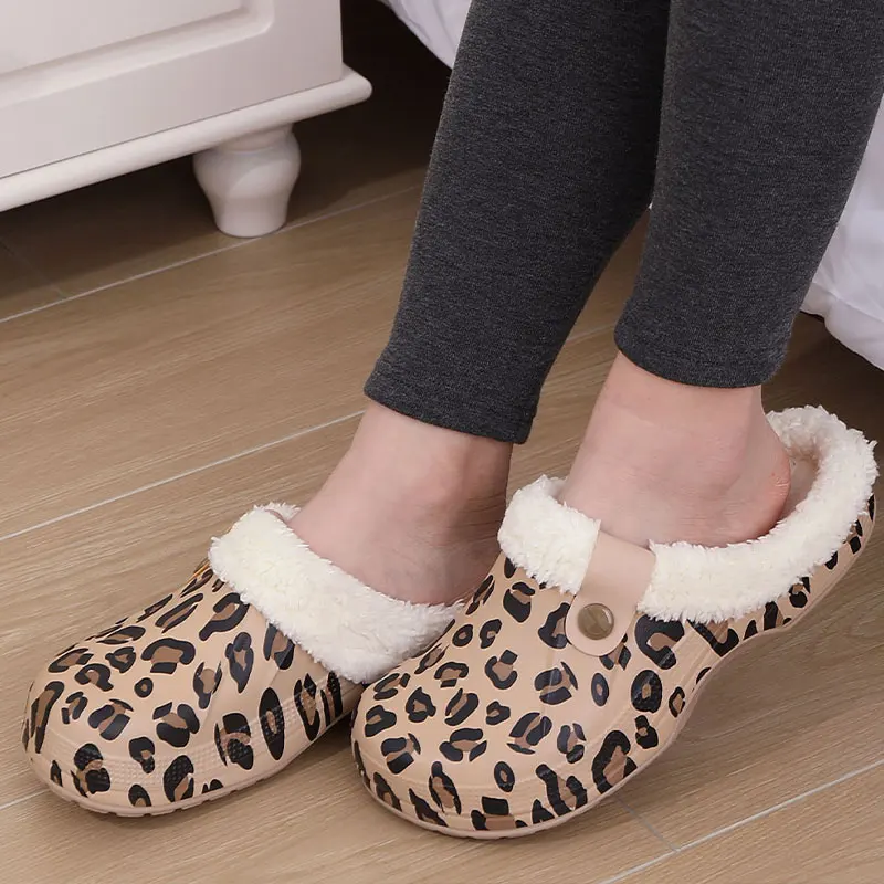 Bebealy Leopard Print Women Slippers Casual Clogs Garden Slippers Indoor Fur Waterproof Men Shoes Unisex Plus Size Women Shoes