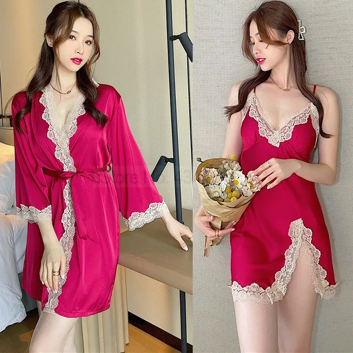 Twinset Robe Set Women Lace Kimono Bath Gown Bride Bridemaid Wedding Bathrobe&Spaghetti Strap Nightgown Sexy V-Neck Sleepwear