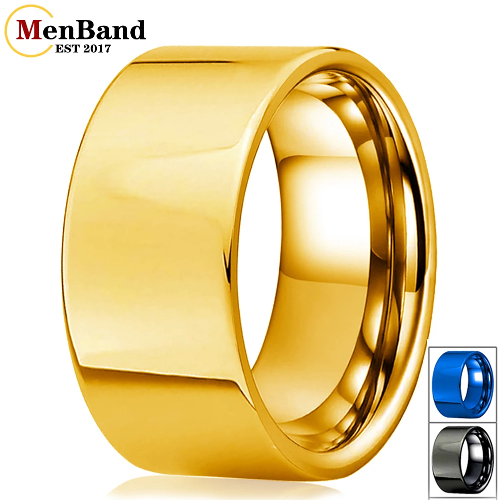 MenBand Gold Color 10MM 12MM Wide Glossy Large Men's Ring Shiny Wedding Ring with Tungsten Flat Finish Design, Comfortable Fit copper flat bar plate pure 99 9% 1 5mm 2mm 3mm 4mm 5mm 8mm 10mm 12mm 15mm 20mm 30mm 60mm 70mm 100mm 200mm