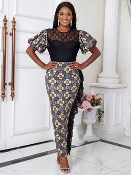 Osas Lace Patchwork Puff Sleeve Ruffles Print Dress