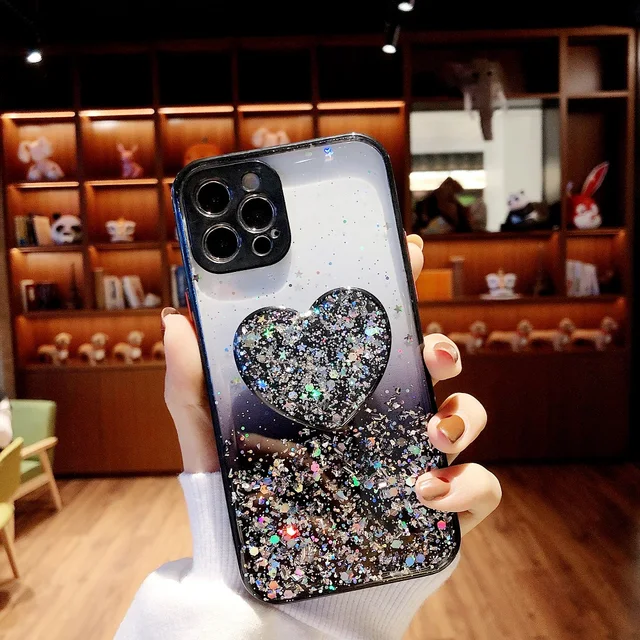 Case for iPhone 11 13 12 Pro Max Mini Case for iPhone 7 8 6 6S Plus XR X XS Max Cases Glitter Sequins Silicon Cover Phone Holder Black