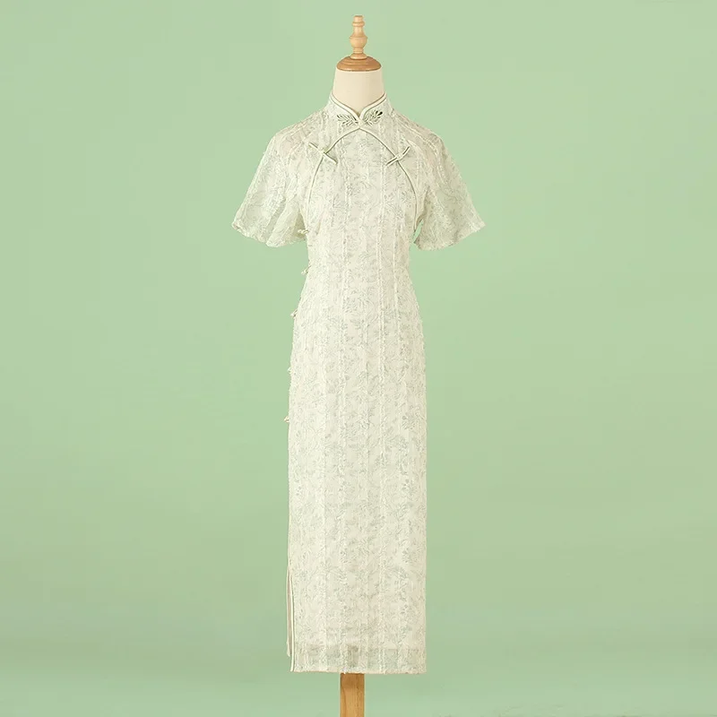 Young Women's Green Chiffon Cheongsam Summer Improved Version Long Dress Fresh Style Shoulder Drop Waist Cinched Dai