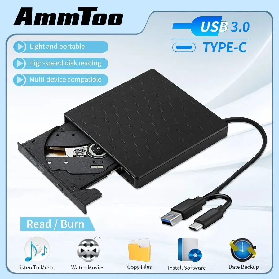 DVD Drive External USB 3.0 Portable for CD ROM Burner Laptop Desktop PC Windows