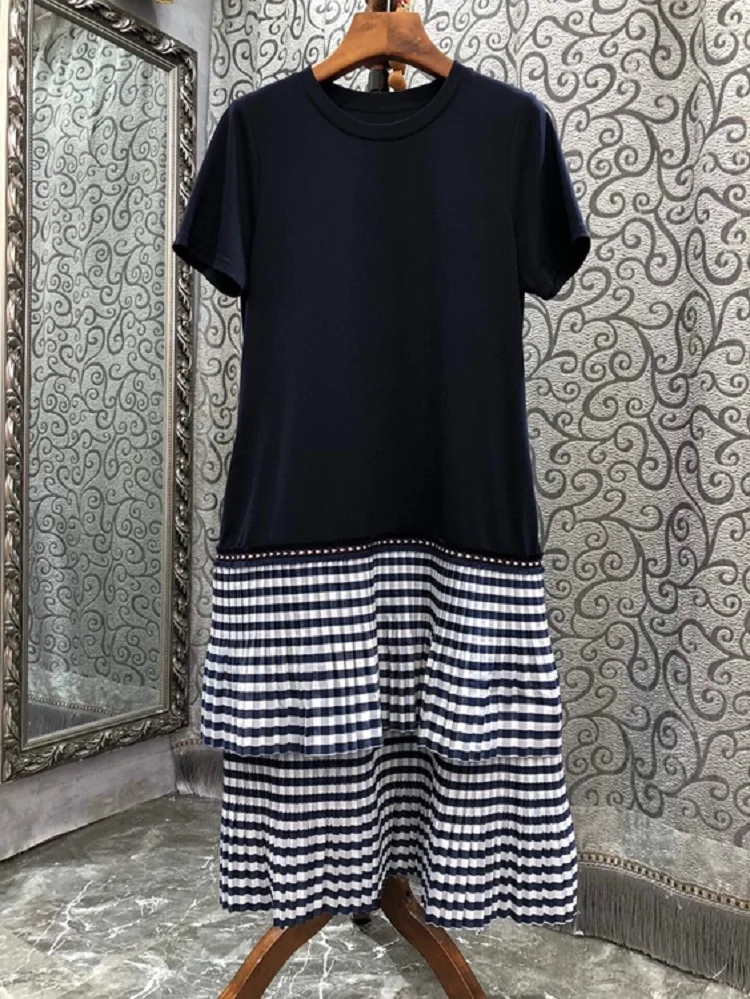

New 2022 Summer Hot Sale Dress High Quality Lady Striped Print Patchwork Short Sleeve Mid-Calf Length Casual Long T Shirt Dress
