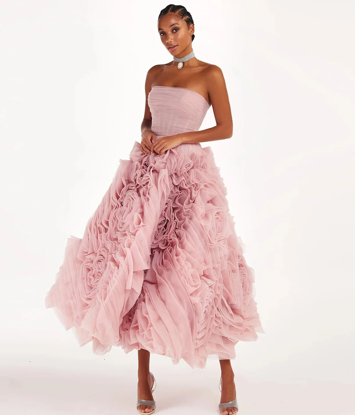 

Linyang Pincess Strapless Tiered Prom Dress Tea Length A Line Ball Gown Elegant Women Wedding Party Gowns