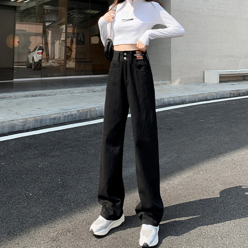 OUSSYU Y2K Woman Jeans High Waist Wide Leg Cotton Denim Clothing Blue White Streetwear Vintage Fashion Harajuku Straight Pants 3