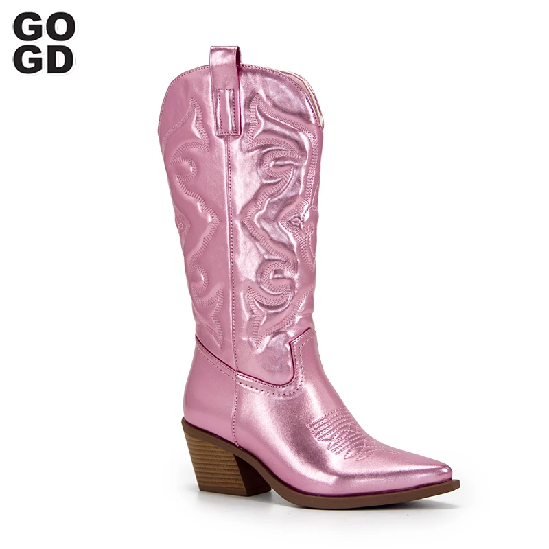 GOGD Mode Frauen 2023 Cowboy Kurze Knöchel Stiefel für Frauen Chunky Ferse Cowgirl Stiefel Bestickt Mittlere Waden Western Stiefel Heißer