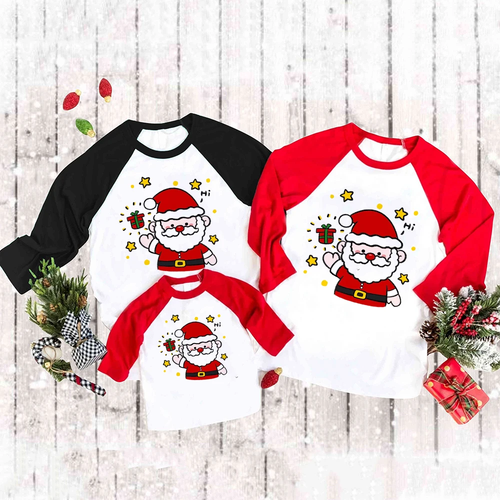 thumbnail image 2 of Conjuntos familiares a juego con estampado de Papá Noel para Navidad, camiseta raglán para mamá, papá, hija e hijo, ropa familiar, conjuntos para fiesta de Navidad, 2 of 5