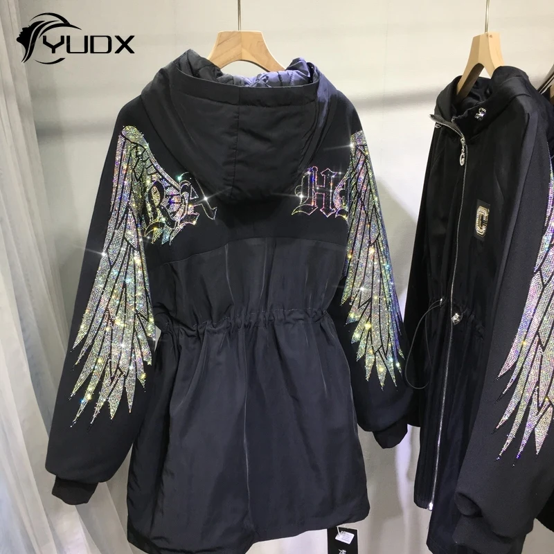 

YUDX Thicken Quilted Cotton-padded Coat Hot Drilling Big Wings Hooded Wadded Jacket Mid-long Autumn Winter Black Trench Coats