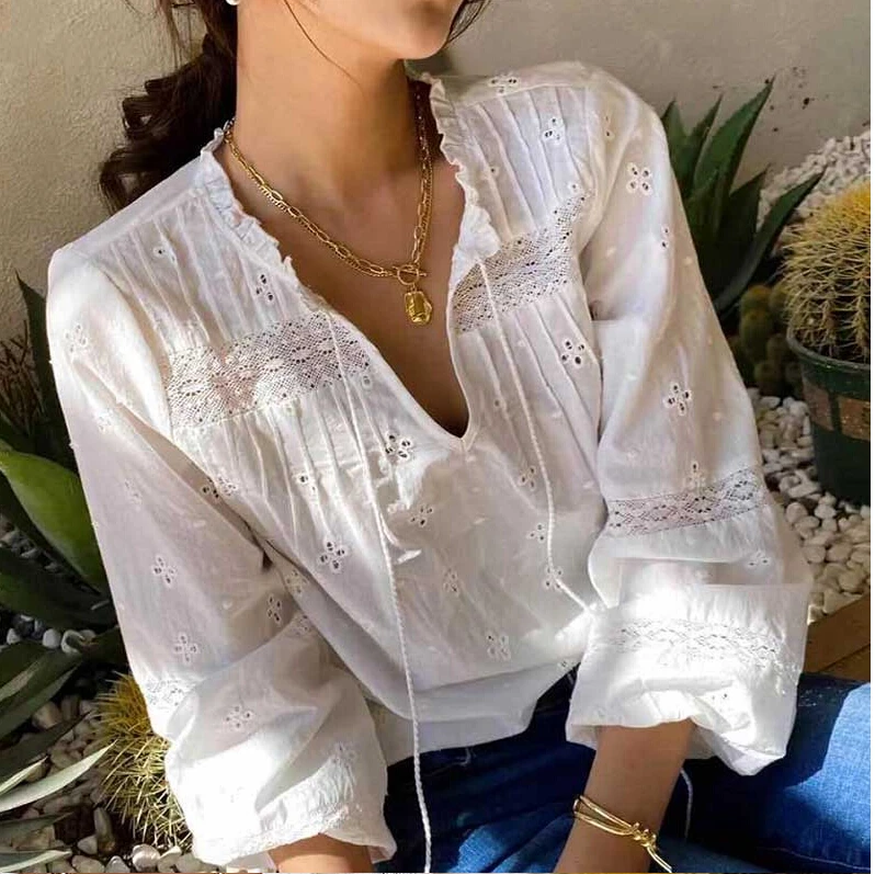 

Late rain flower embroidered white lace women's shirt 2023 autumn pure cotton V-neck long sleeved lace up vintage Bohemian tops