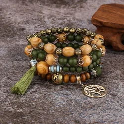 Boho Tree of Life Bracelet Set with Tassel Charms and Wooden Beads (8)