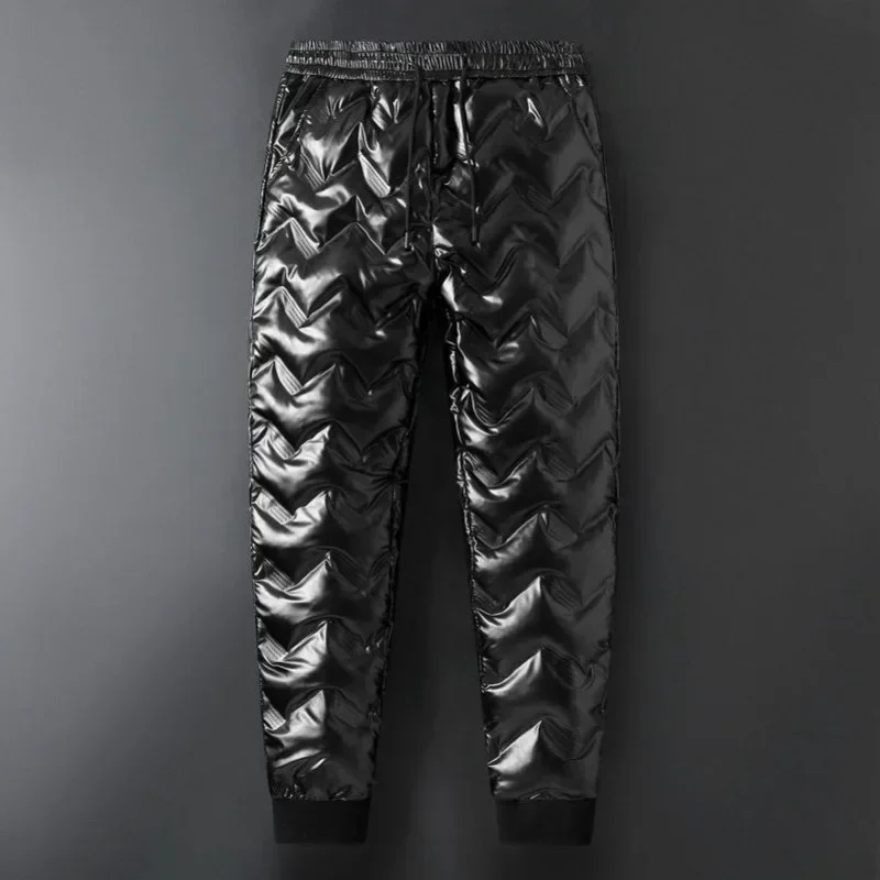 Men Winter Down Cotton Pant Skinny Casual Trousers Slim Bright Leather Outdoor Windproof Waterproof Thick Warm Male Pants men trousers,leather pants,skinny pants,cotton trousers