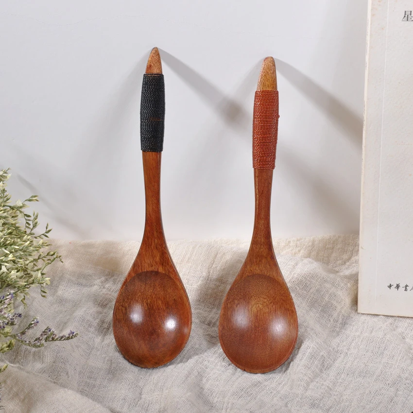 2 Pcs Wooden Spoons Rice Scoops Coffee Honey Stirring Mixing Spoon Teaspoon Kitchen Cooking Twine Wood Spoon for Noodle Soup