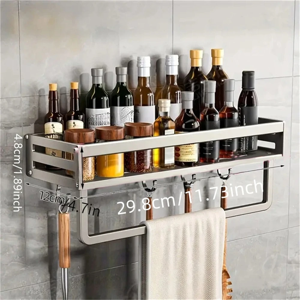 Sleek Aluminum Wall-Mounted Spice and Kitchen Storage Rack with Hooks