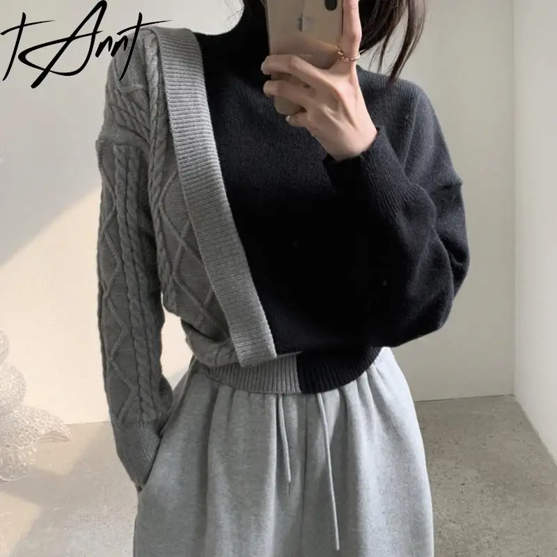 

Tannt Women Sweater Asymmetry Color Matching Turtleneck Pullover Tops Irregular Fashion Casual Knitting Sweater Women 2023 New