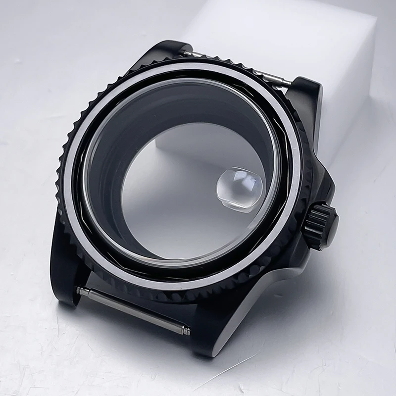 All-Black Sub Style Watch Case with Rubber Strap and Sapphire Crystal