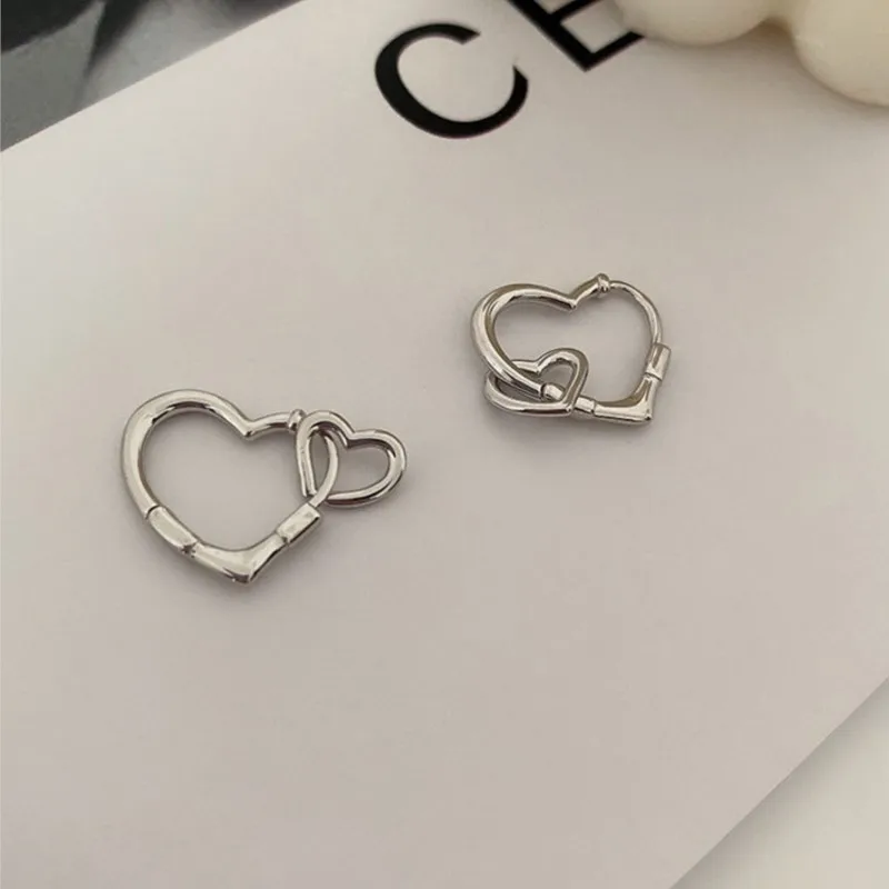 Silver Color Double Heart Hoop Earrings for Women Korean Y2K Style Simple Ear Bukle Jewelrys Accessory Gifts