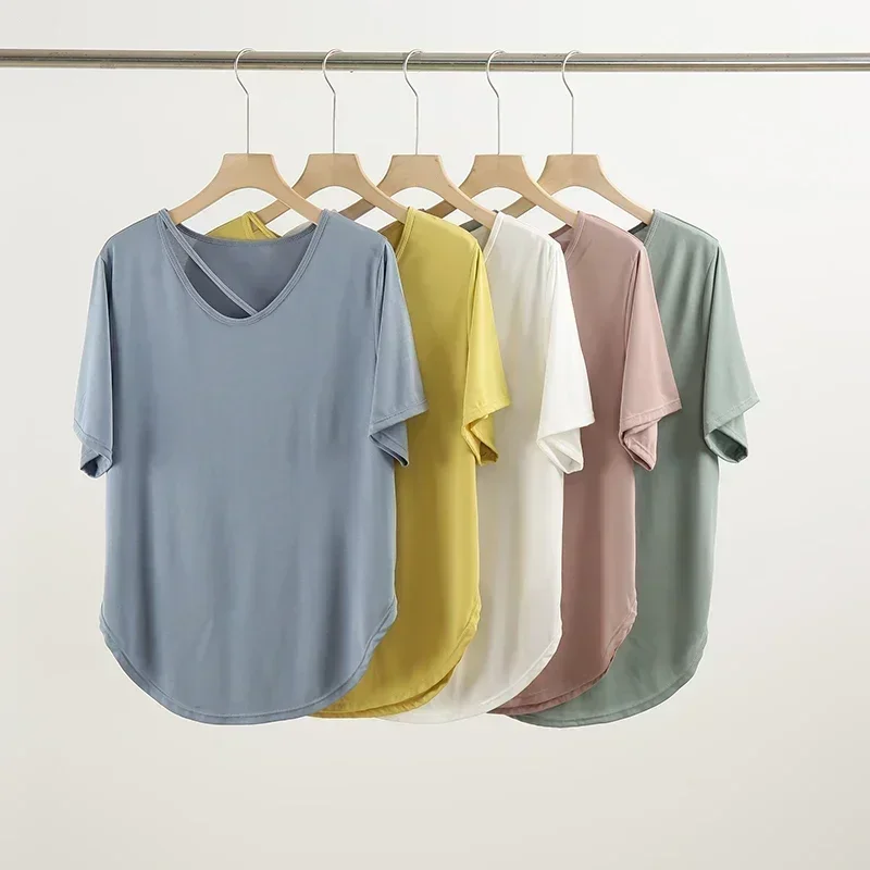

LuluLogo Women Sports Shirts Summer Quick Dry Breathable Short Sleeve T-shirt Loose Yoga Tops Fitness Running Sportswear