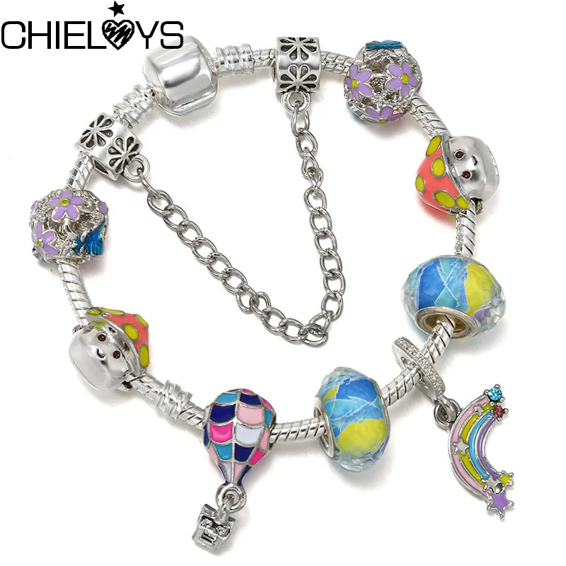 

Colorful Charms Bracelets For Women Children With Snake Chain Rainbow Hot Air Balloon DIY Charms Beads Pendants Jewelry