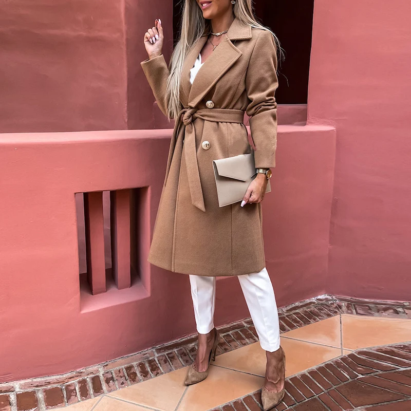 

2022 Women's Autumn Casual Coat Fashion V-Neck Double-Breasted Long Cotton Coat Ladies Winter Elegant Solid Lace-Up Waist Coat